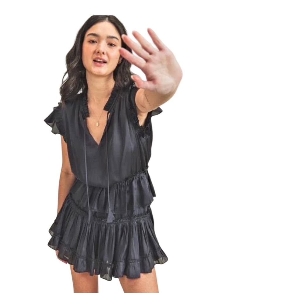 Reset by Jane Still The One Black Ruffled Tiered Mini Dress Small - Picture 2 of 8